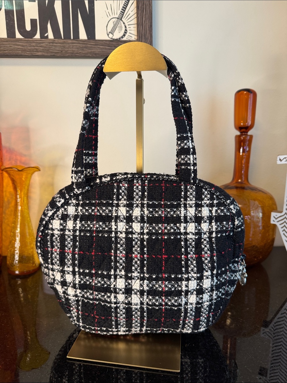 Vera Bradley Black, White & Red Plaid Tweed Travel Bag